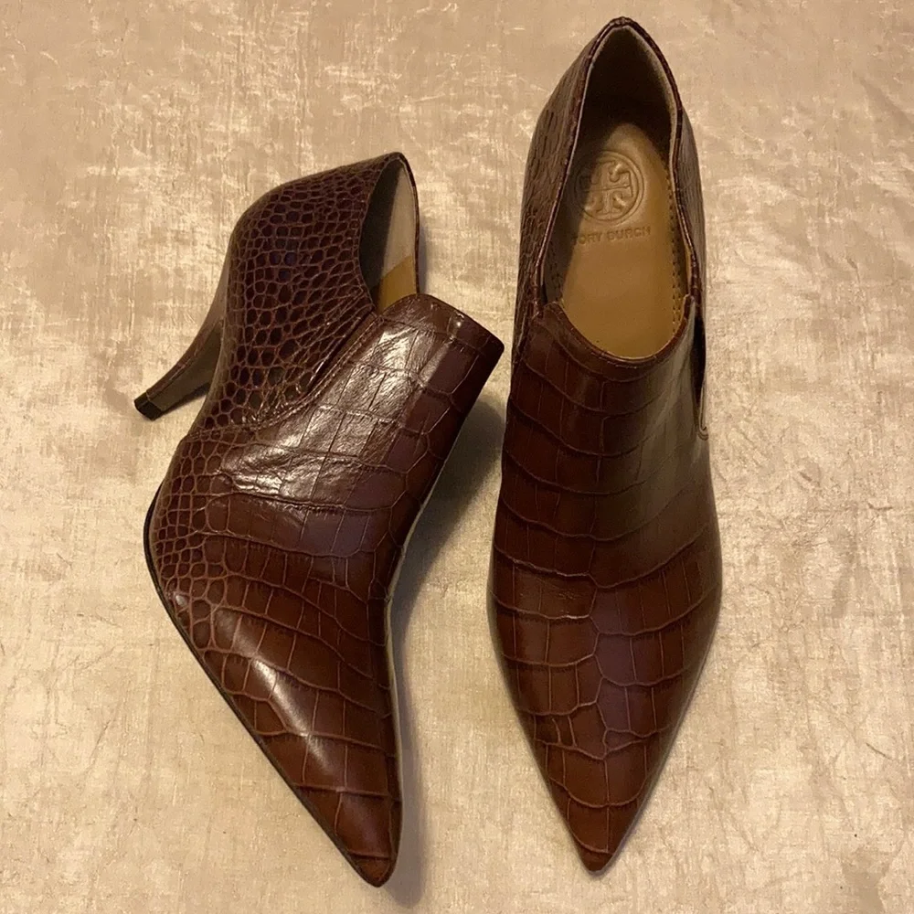 Tory Burch Georgina Croc Ankle Heel Pointed Toe